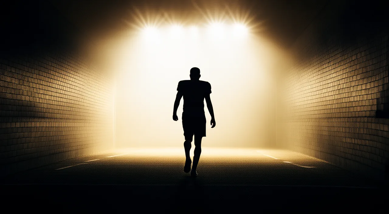 Silhouette of a football player walking out of a stadium tunnel into the lights