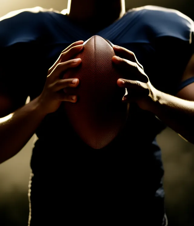 Athlete in a plain jersey gripping a football, torso and hands only